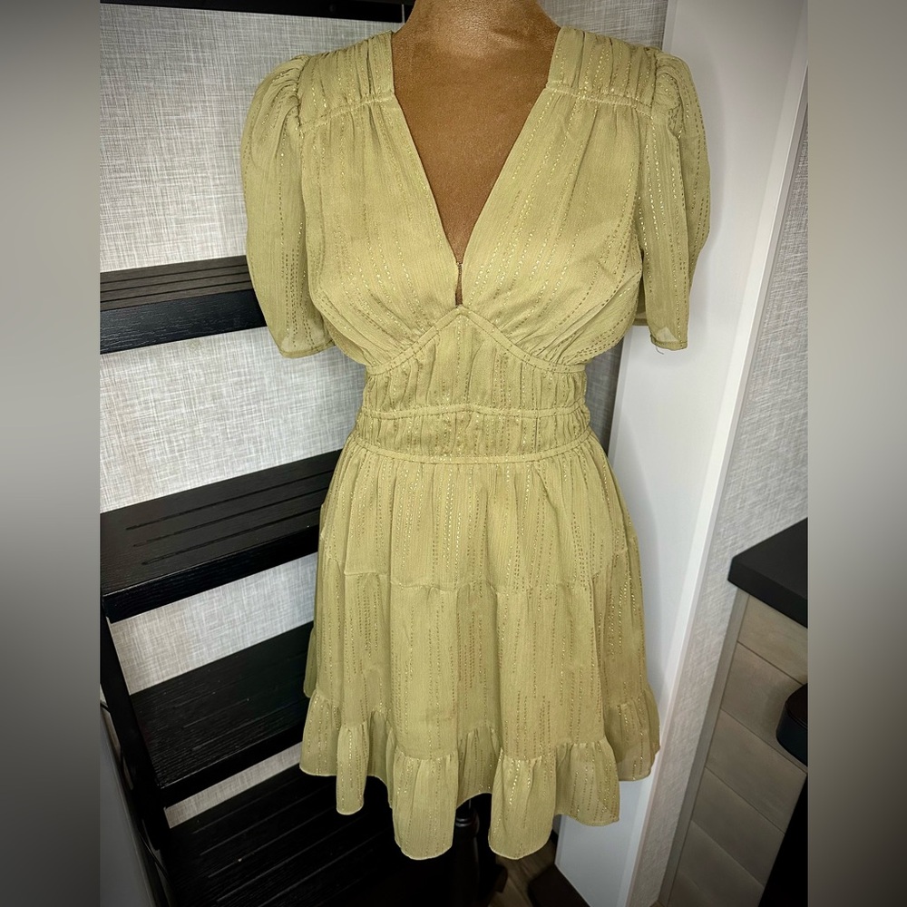 BTFL-Life Dress XS Olive Green Chiffon Glitter Tiered Mini Dress Puff Sleeve NWT